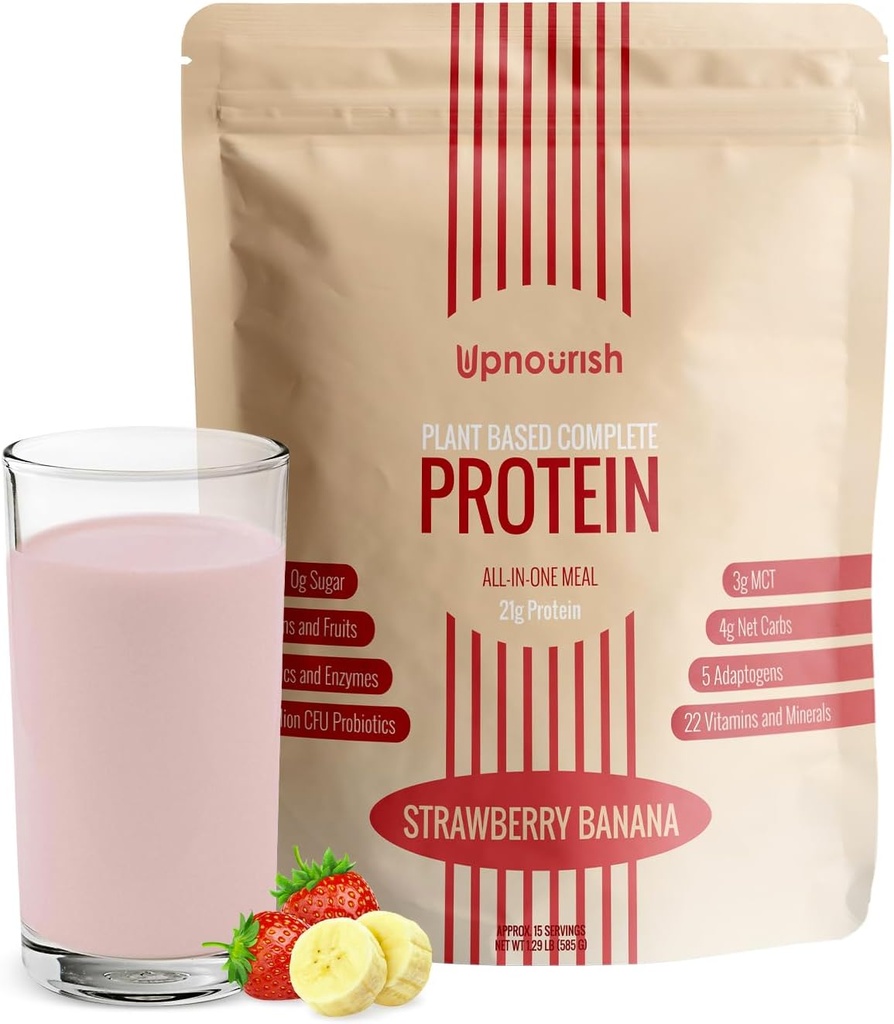 UpNourish Φράουλα Μπανάνα Vegan πρωτεΐνη σκόνη 54 Superfoods σκόνη, 1,5 δις CFU Probiotics 21g φυτικής πρωτεΐνης, Όχι ζάχαρη Όχι γαλακτοκομικά Όχι GMO γαλακτοκομικά χωρίς, Αντικατάσταση γεύματος Shake Keto-Friendly χαμηλής περιεκτικότητας σε άνθρακα διατροφή,15 σερβιέτες