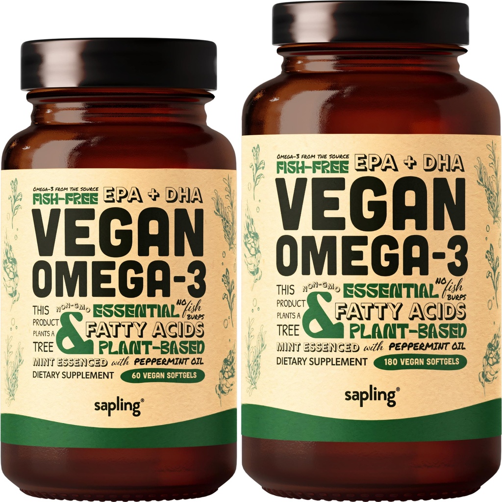 Vegan Omega 3 60 Softgels & 180 Softgels Bundle - Plant Based DHA & EPA Λιπαρά Οξέα - Carragenan Δωρεάν, Εναλλακτική για το ιχθυέλαιο, Υποστηρίζει την καρδιά, τον εγκέφαλο, την κοινή υγεία - Αειφόρα πηγασμένη άλγη