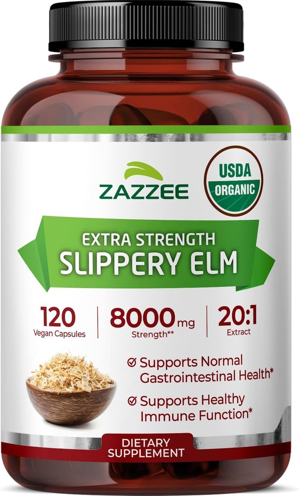 Zazzee USDA Organic Slippery Elm Bark 20:1 Extract, 8000 mg Δύναμη, 120 κάψουλες Vegan, 4 Μήνες Προμήθεια, Τυποποιημένο, Συμπυκνωμένο εκχύλισμα 20X, 100% Χορτοφαγικά, Όλα-Φυσικά, Μη-ΓΤΟ, Κατασκευασμένο στις ΗΠΑ