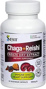 Sayan Siberian Chaga and Organic Reishi Mushroom Extract Supplement – 90 Capsules/440mg Each - Wild-Harvested, Antioxidant Blend for Immune System Support + Natural Energy Boost, Non-GMO, Gluten Free