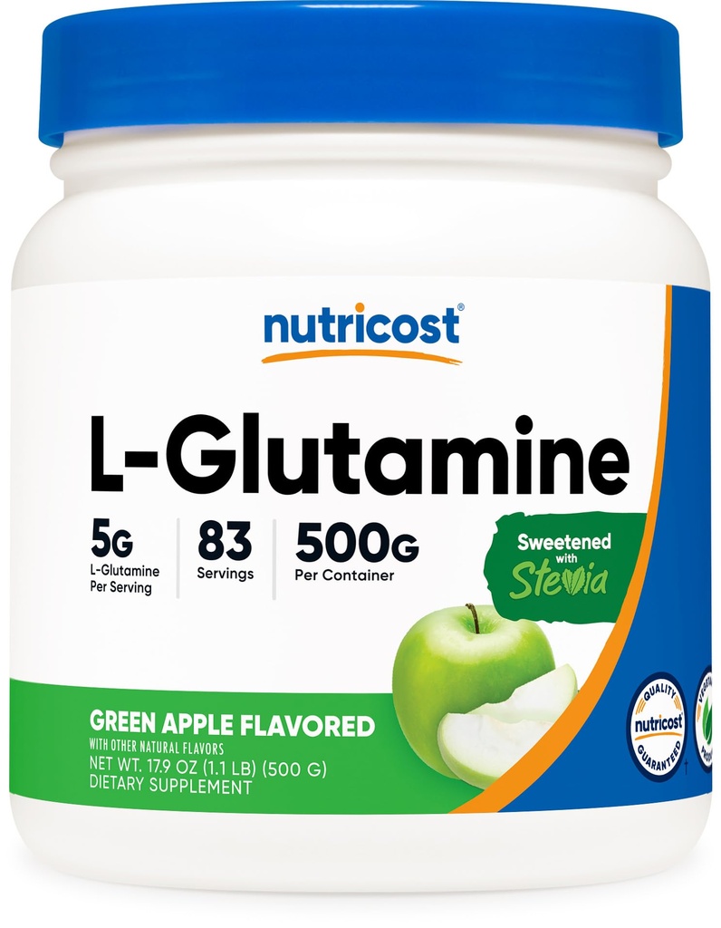 Συμπλήρωμα σκόνης L-Glutamine L-Glutamine 500g - Υποστήριξη κόκκων, 5 γραμμάρια ανά σερβίρισμα, Γλυκασμένα με Stevia - Χωρίς γλουτένη, Μη ΓΤΟ
