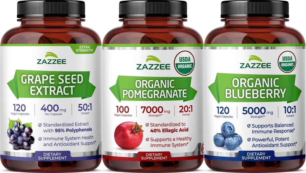 Zazzee Ultimate Anti Aging Antioxidant Bundle | USDA Organic Pomegranate with Polyphenol Rich Blueberry and Super Concentrated Grape Seed Extract Capsules | Non-GMO Vegan & ISO Lab Tested