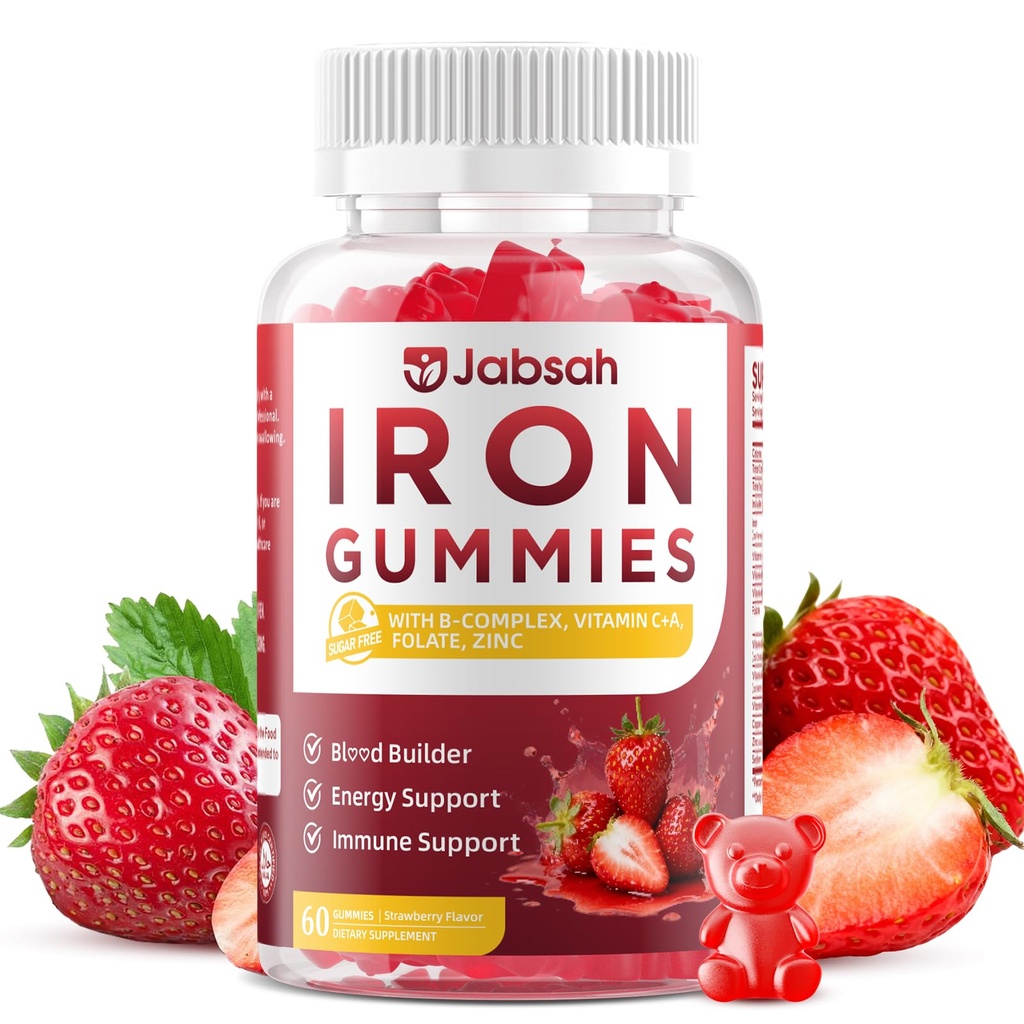 Vegan Iron Gummies for Women & Men, Iron Supplement with B-Complex, Vitamin C, A, Folate for Adults & Kids - Blood Builder & Energy Support & Immune Health - Strawberry Flavor, 60 Gummies