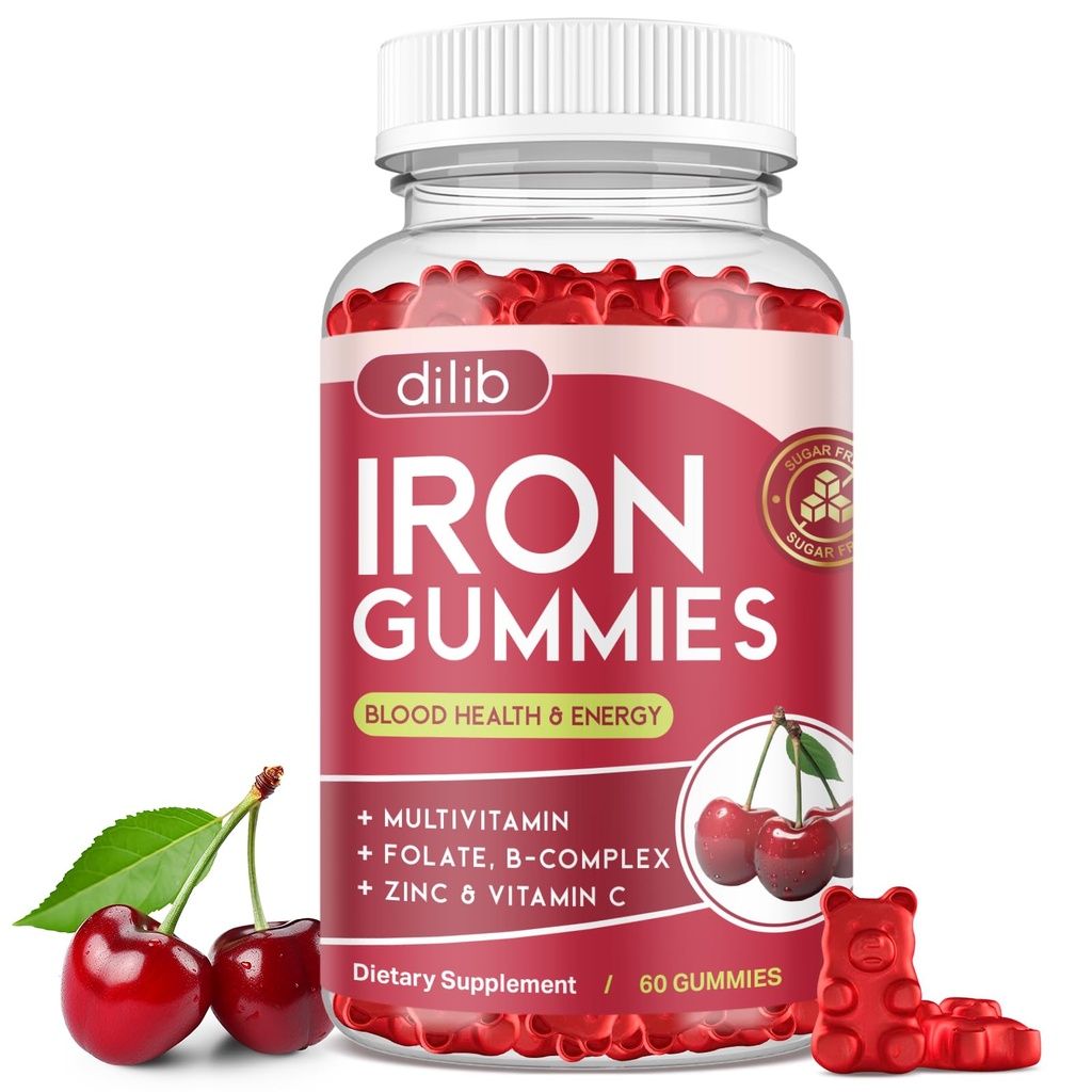 Iron Gummies with Multivitamin, Iron Supplement for Women & Men with Zinc, Vitamin B Complex & C, B12, Folate - Blood Builder & Energy Support for Adults & Kids - Cherry Flavor, Vegan 60 Gummies