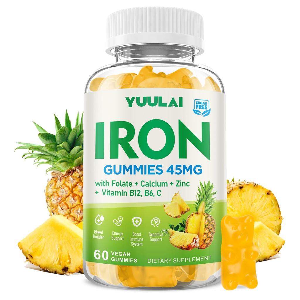 Iron Gummies for Women & Men, 60 Count | Calcium, Zinc, Folate & Vitamin B12, C, B6, Energy Support, Immune Health, Pineapple Flavor