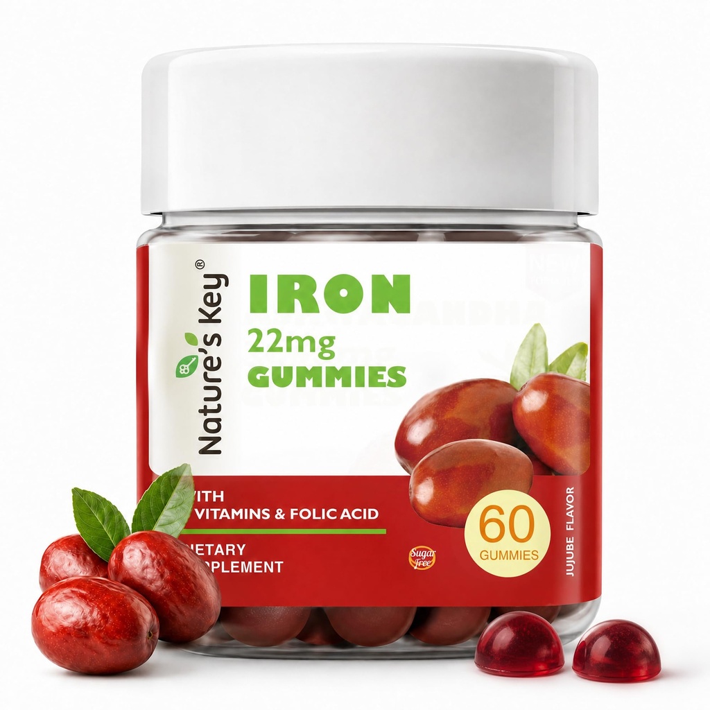 Nature's Key Iron Gummies, 22mg Iron Supplement with Folic Acid, B6 & B12, for Energy/Metabolism/Immune Support/Cellular Health/Radiant Skin/Antioxidant Support for Men Women Kids| NO Sugar| 60Ct