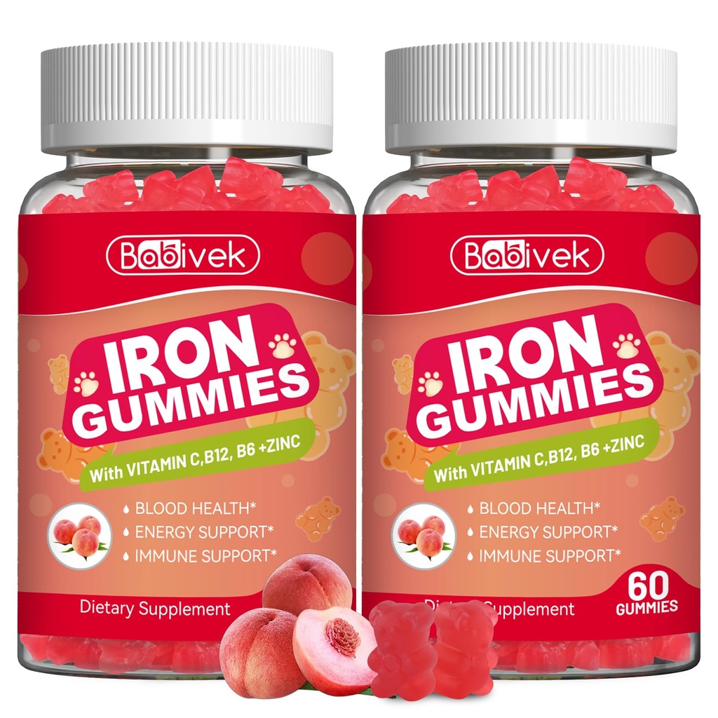 2 Pack Iron Supplement Gummies for Women & Men - Iron Gummies with Folate Vitamin C B12 B6 Zinc, Peach Flavor, Vegan 120 Gummies
