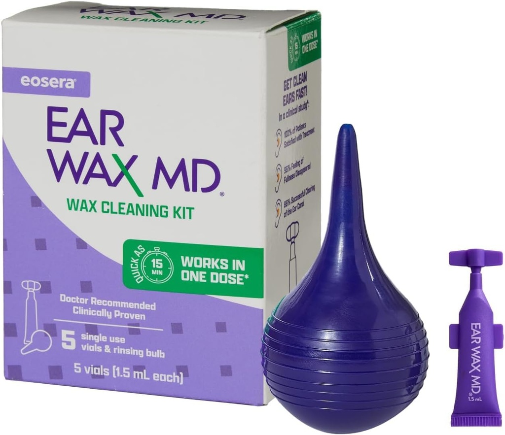 eosera Ear Wax MD Cleaning Kit - 5 Vials (1.5 mL Each) - Earwax Dissolving Drops with Rinsing Bulb - Fast-Acting Ear Cleaning Kit - Ages 2+