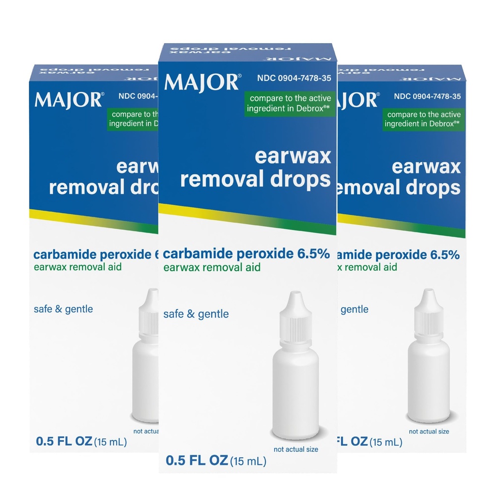 MAJOR Earwax Removal Drops with 6.5% Carbamide Peroxide - Gentle & Safe Earwax Removal Aid for Adults & Children 12+ - Ear Cleaning Solution, 0.5 Fl. Oz. (15mL)(Pack of 3)