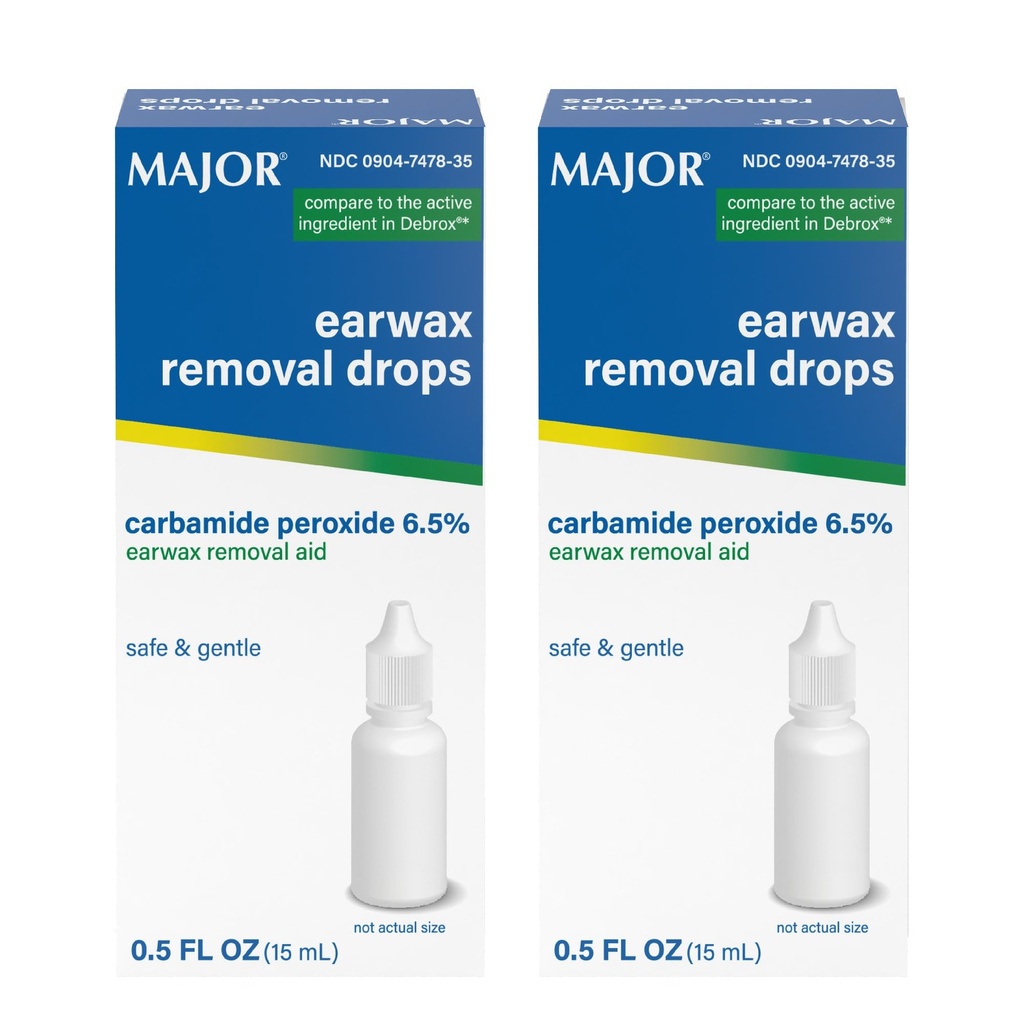 MAJOR Earwax Removal Drops with 6.5% Carbamide Peroxide - Gentle & Safe Earwax Removal Aid for Adults & Children 12+ - Ear Cleaning Solution, 0.5 Fl. Oz. (15mL)(Pack of 2)