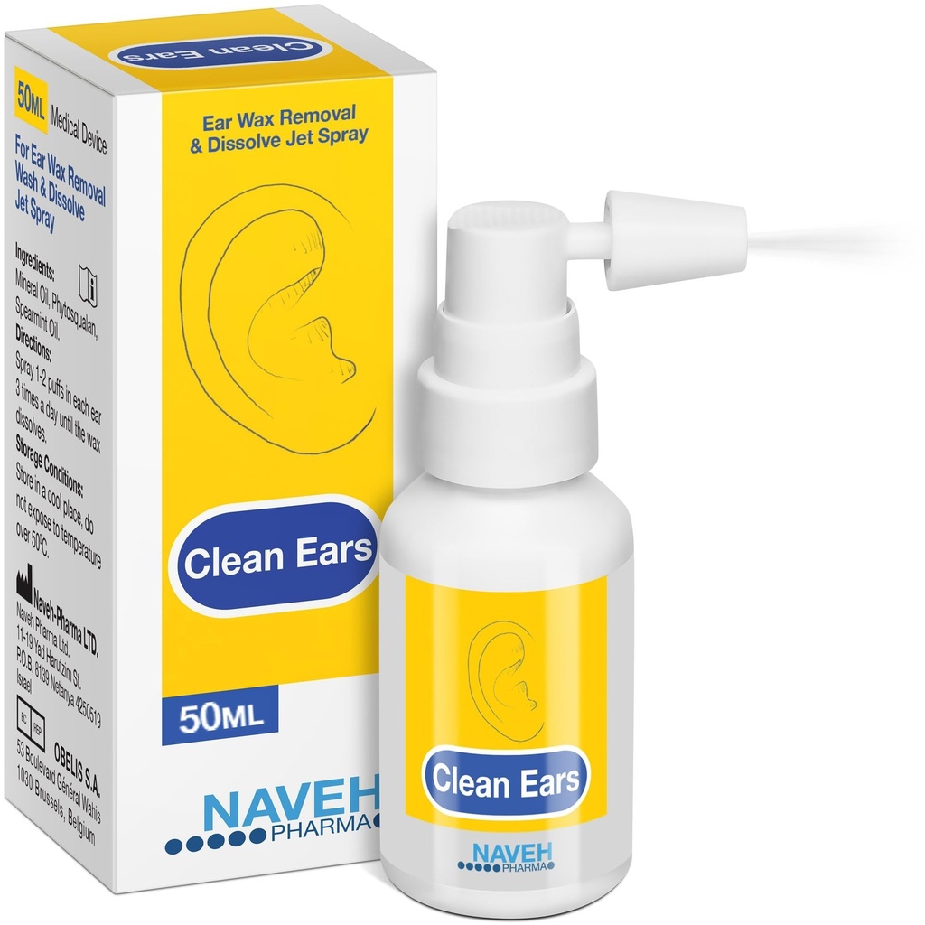 NAVEH PHARMA® CleanEars Ear Wax Removal Spray — Gentle Earwax Softening Spray for Adults, Easy-to-Use Alternative to Mineral Oil, Refreshing Spearmint Aroma, 1.69 fl oz