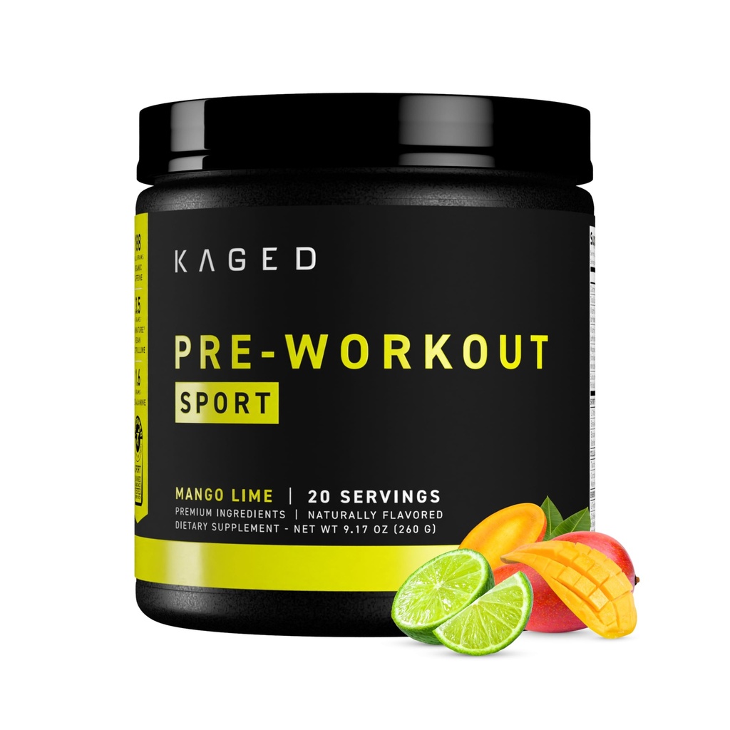 Kaged Sport Pre Workout Powder for Men & Women, Mango Lime, Sport Certified, 188mg Caffeine, Nitric Oxide Supplement, Beta Alanine for Energy, Weightlifting, Cardio Endurance & Strength, 20 Servings