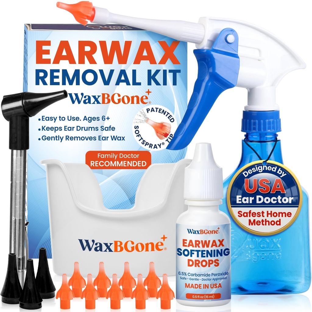 WaxBGone Ear Wax Removal Kit with SoftSpray Irrigation Tips, 4X High Output Sprayer & Ear Basin - Safe, Fast, Gentle Ear Cleaning Kit for Adults & Kids at Home - Premium Kit with Otoscope + Ear Drops