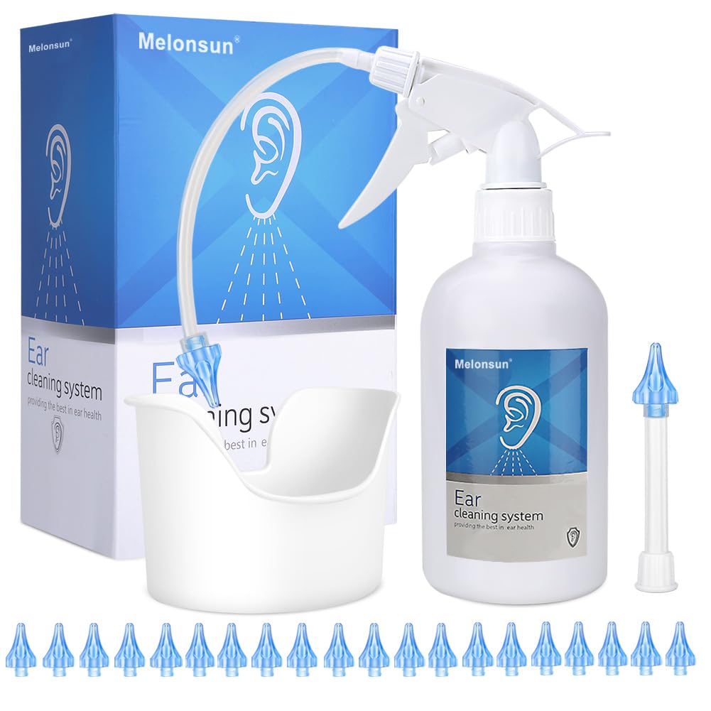 Earwax Removal Bottle- Manual Ear Wash System, FSA-HSA-Eligible, 500ml Spray Bottle, Big Basin & 20 Reusable Soft Tips, Safe & Efficient Ear Cleaner w/Rigid Pipe & Flexible Tube for Personal or Family