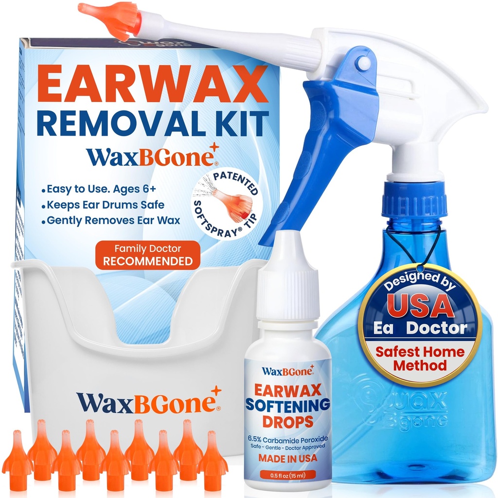 WaxBGone® Ear Wax Removal Kit with SoftSpray® Irrigation Tips, 4X High Output Sprayer & Ear Basin - Safe, Fast, Gentle Ear Cleaning Kit for Adults & Kids at Home - Standard Kit with Ear Drops
