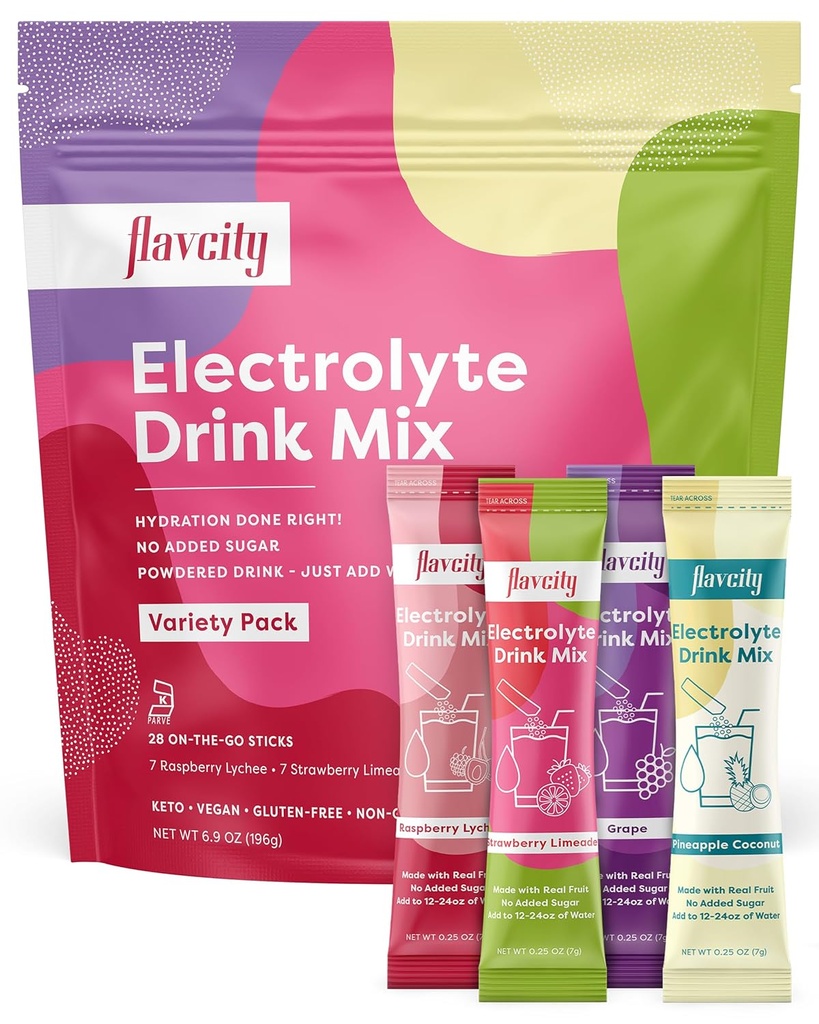 FlavCity Electrolytes Drink Mix, Variety Pack, 28 On-The-Go Stick Packs - Υγιή Ηλεκτρολύτες Powder Packets Made with Real Fruit - Keto Powdered Drink with No Added Sugar, Gluten-free