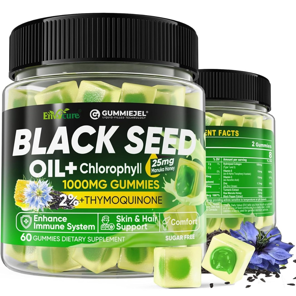 Μαύρο έλαιο σπόρων Gummies & Chlorophyl, Biotin 500mcg με υδρολυμένο κολλαγόνο, Ακατέργαστο μέλι Manuka, Βιολογικό κρύο Pressed - Ultimate απορρόφηση για το δέρμα, τα μαλλιά και τα νύχια, Digestive, Συνολική υγεία, 1 συσκευασία