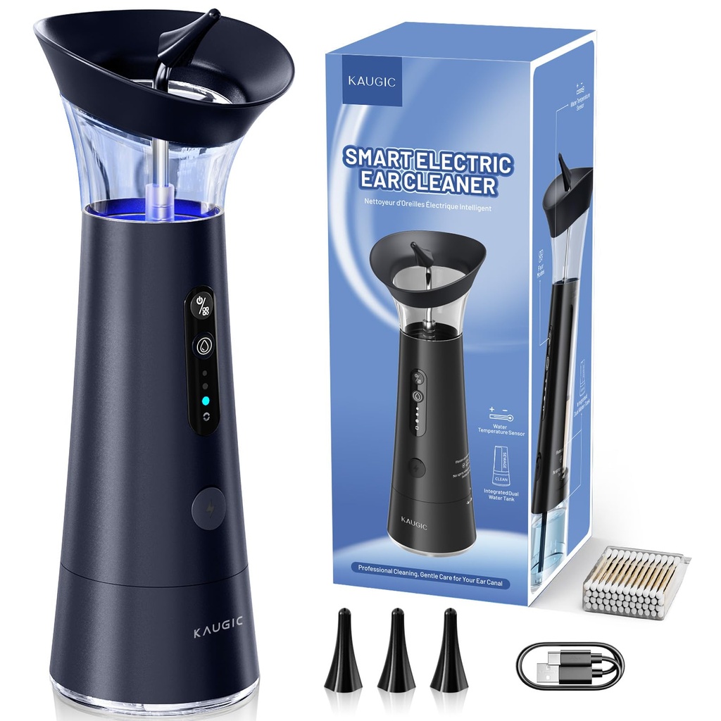 Ear Wax Removal with One-Piece Waste Tank, FSA-HSA-Eligible, Water Powered Ear Cleaner, Electric Ear Cleaning Kit with Water Temperature Sensor, Ear Irrigation Flushing System, Blue