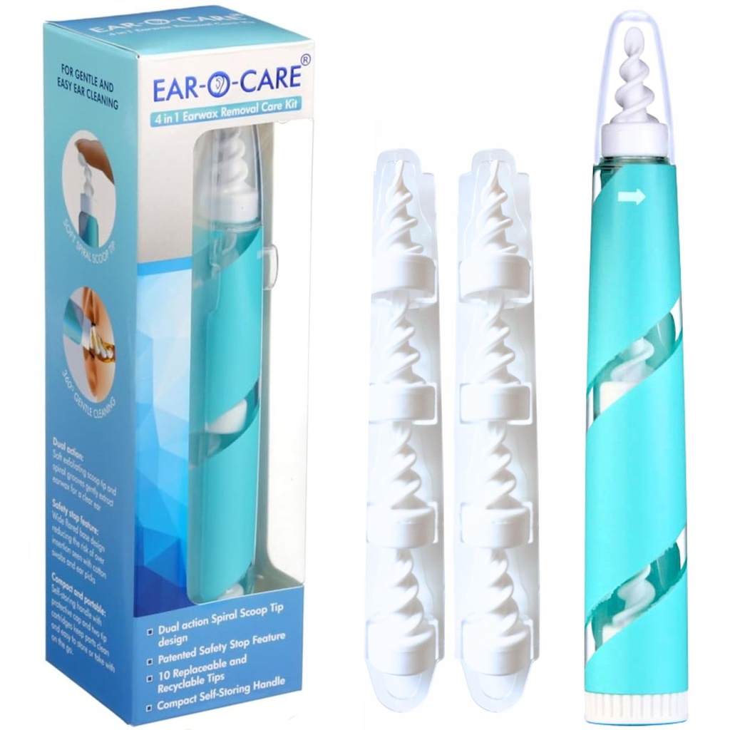 Ear-O-Care® 4-in-1 Ear Wax Removal Kit – Dual-Action Spiral & Scoop, Soft Silicone Tips, Gentle Ear Wax Removal Tool, Patented Safety Stop, Compact & Portable