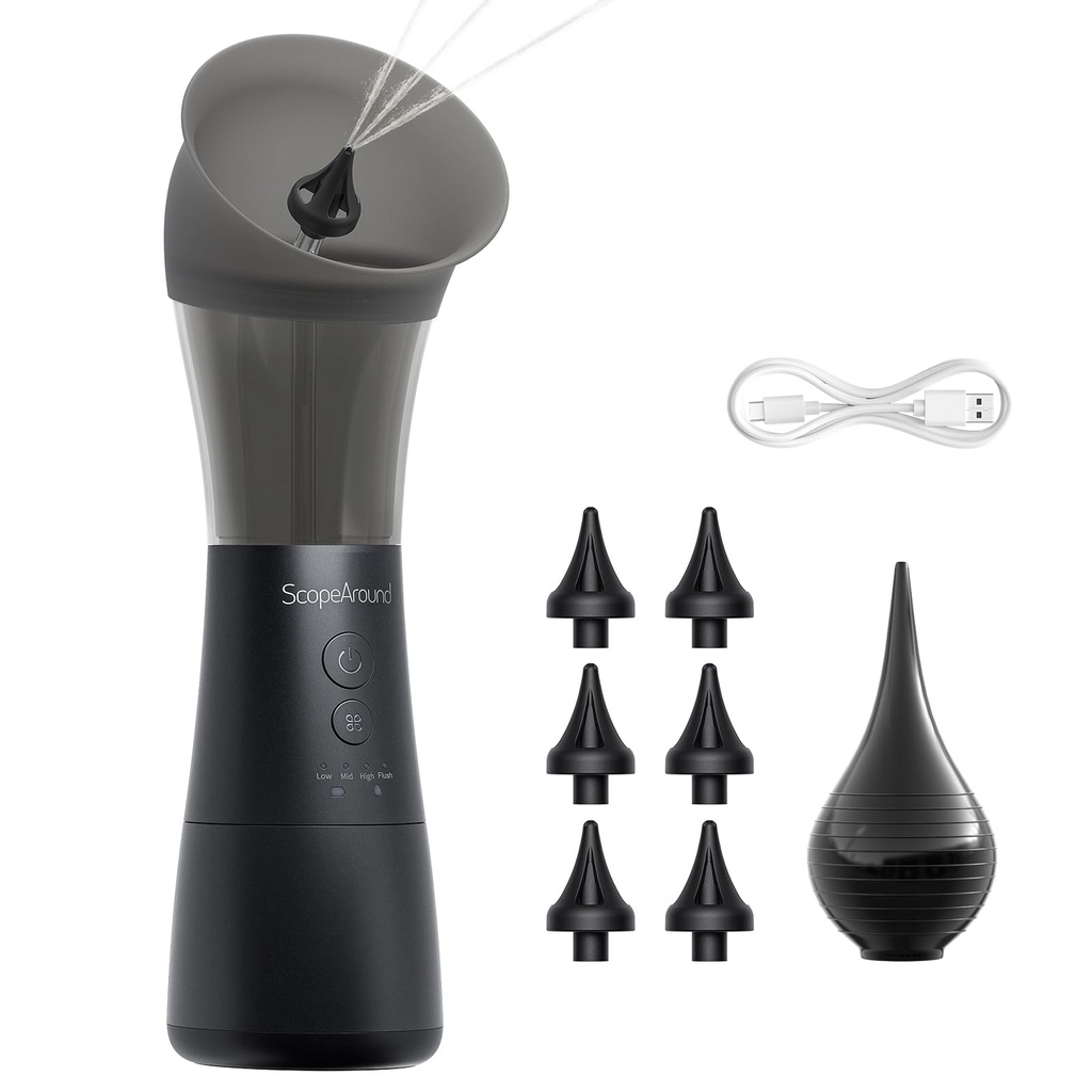 ScopeAround Electric Ear Cleaner w/Water Temperature Sensor, Ear Cleaning Kit, Earwax Removal Tool w/ 4 Pressure Modes, IPX6 Ear Irrigation Flushing Kit, One-Piece Tank, Black