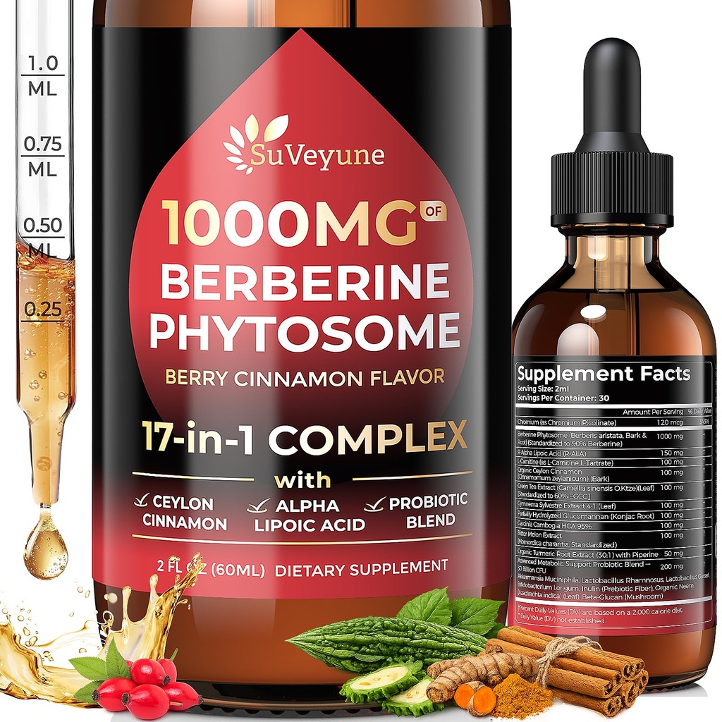 Berberine with Ceylon Cinnamon Supplement Phytosome Liquid Drops 1000mg | 17-in-1 Metabolism & Gut Support: Chromium, 30B Probiotics, R-ALA, Gymnema, Bitter Melon, Glucomannan, Green Tea, L-Carnitine