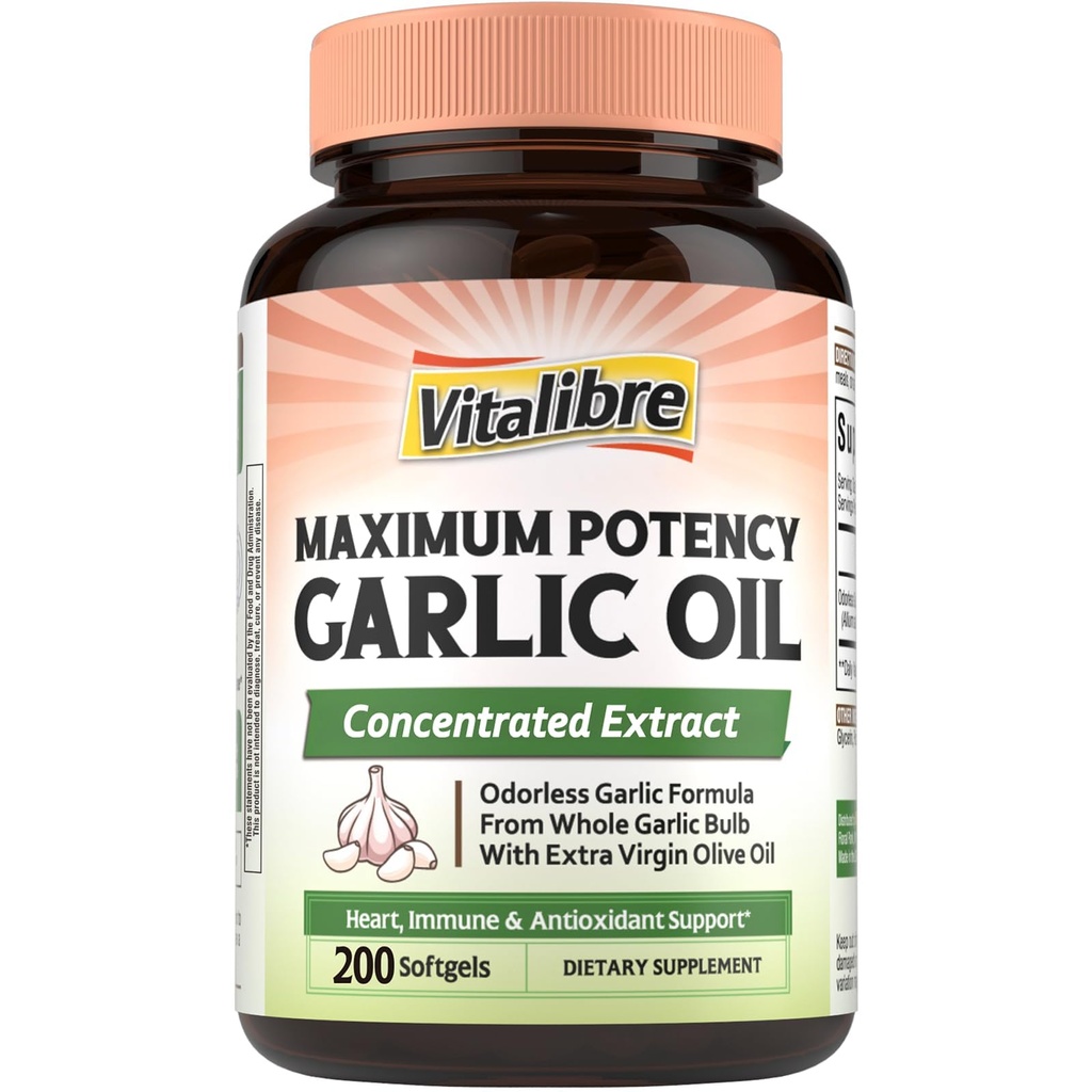Vitalibre Odorless Garlic Oil, Maximum Potency, Concentrated Extract, Non-GMO, No Gluten, Heart & Immunity, Antioxidant Defense, 200 Softgels