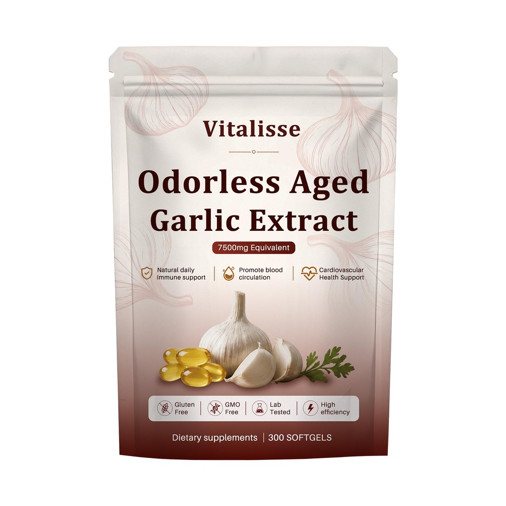 AJO Envejecido, 7500mg Odorless Organic Garlic Softgels – Heart & Immune System Support Antioxidant Supplements, Vegetarian丨 Naturally Sourced丨Non-GMO丨Gluten-Free, 300 Softgels