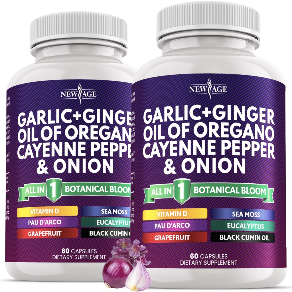 NEW AGE Garlic + Ginger Supplement - Oil of Oregano, Cayenne Pepper, Soursop, Black Cumin, Sea Moss, Black Pepper - Black Seed Cleanse - 120 Count