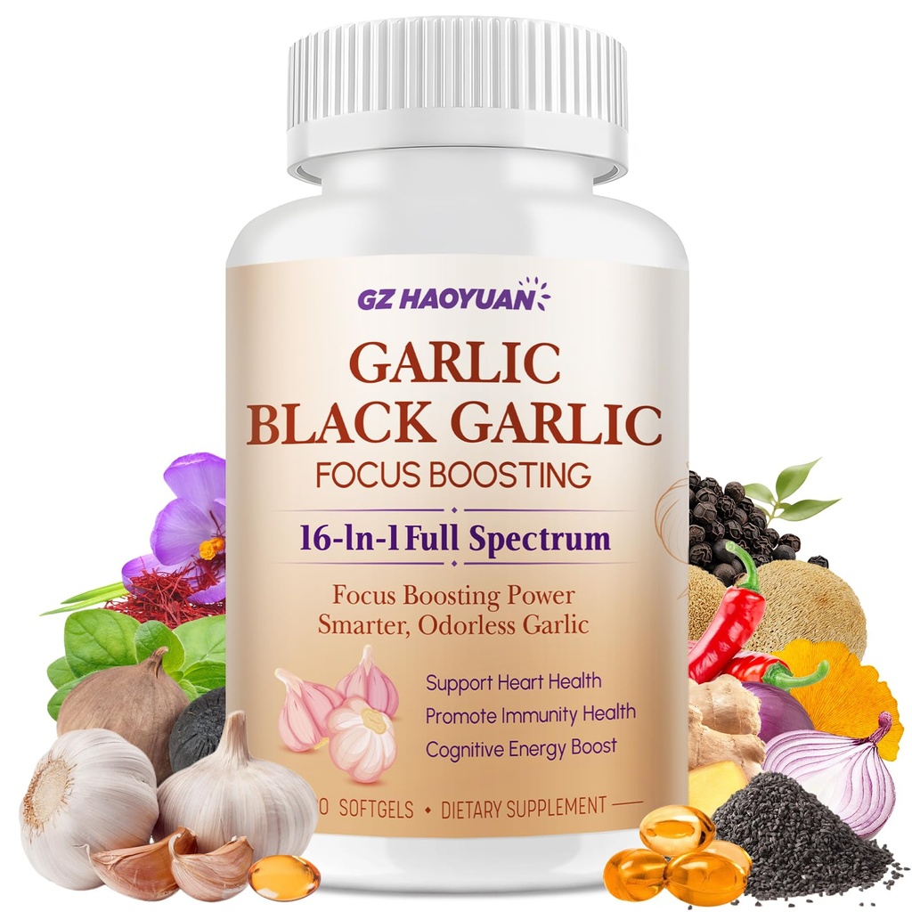 Odorless Garlic & Black Garlic Softgels - 16-in-1 Garlic Supplements for Immunity, Heart, Gut Health, Cognition & Energy | Focus Boosting Blend - Zinc, Magnesium, Oregano, Cayenne Pepper - 120 Count