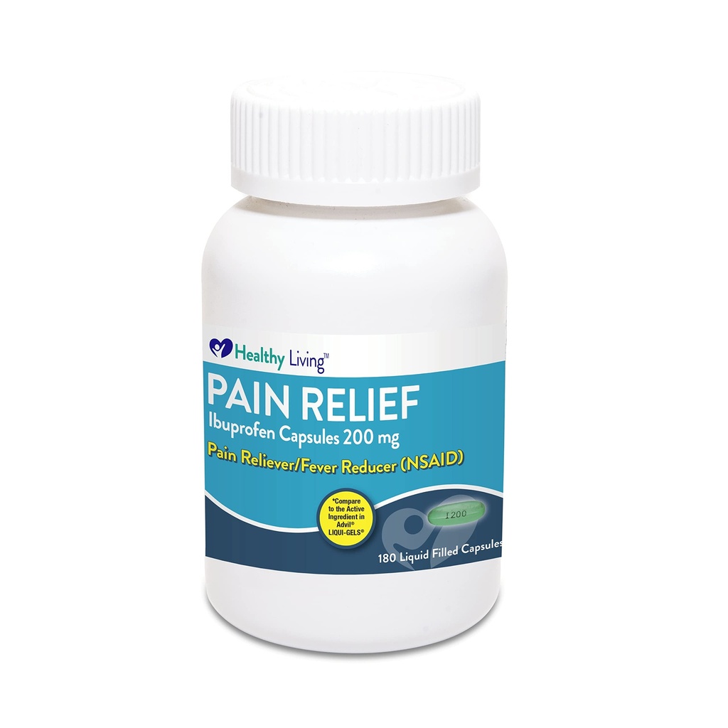 Healthy Living Ibuprofen Liquid Filled Capsules 200 mg, Pain Reliever and Fever Reducer, for Back Pain, Muscular Aches, Headache Relief, Pain Medicine for Adults, 180 Count