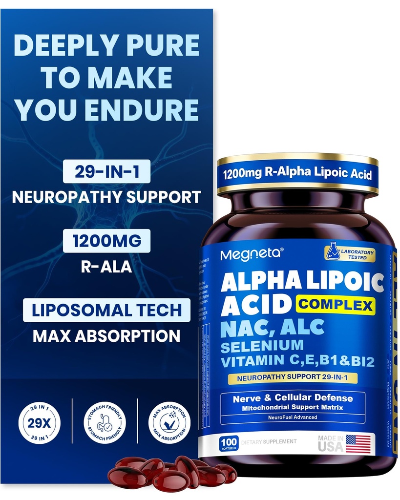 Liposomal R-Alpha Lipoic Acid 1200mg - R-ALA Complex with Benfotiamine, Active B Complex - Supports Nerve Comfort, Calms Tingling, Numbness in Hands & Feet, Brain Fog & Restlessness - 100 Count
