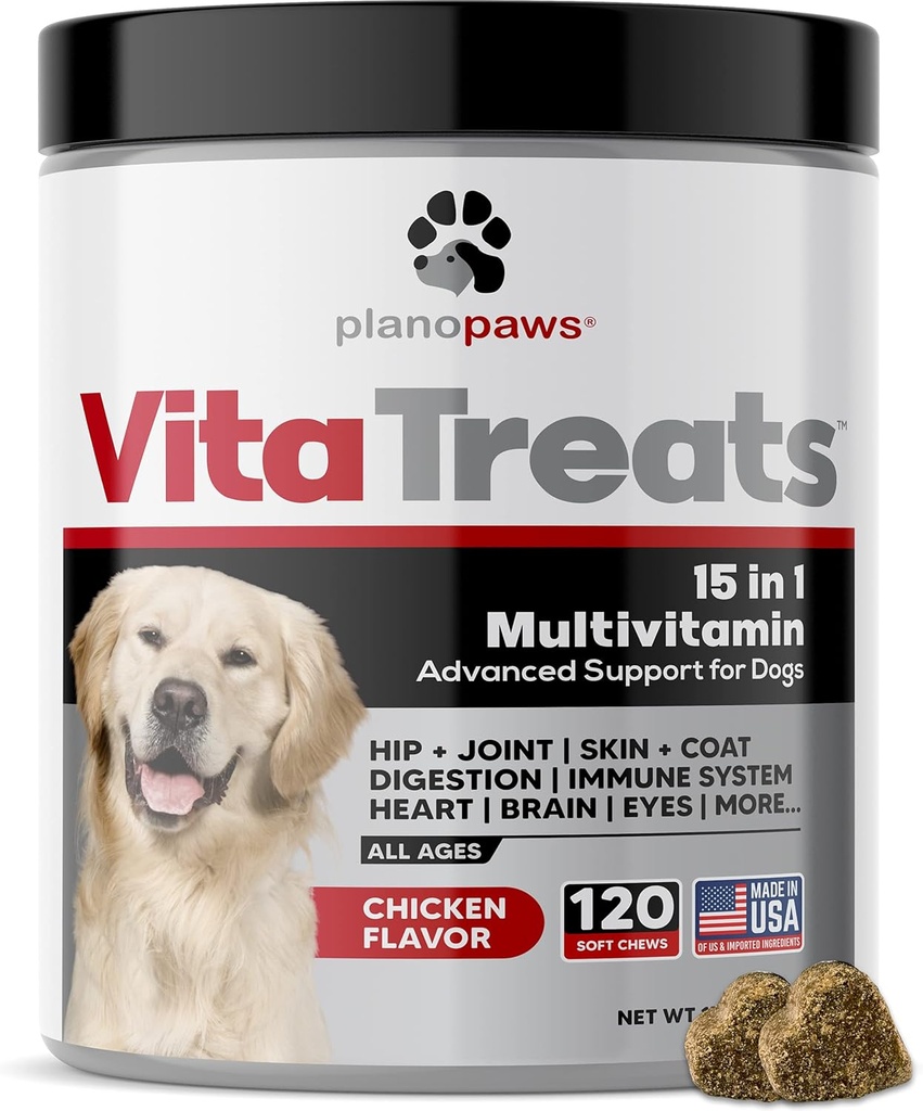 Vita Treats - Σκύλος Βιταμίνες και συμπληρώματα - Λάδι κάνναβης για σκύλους - Γλυκοσαμίνη Χονδροϊτίνη για σκύλους - Ωμέγα 3 ιχθυέλαιο για το δέρμα & το παλτό - Προβιοτικά - Σκύλος Joint Συμπλήρωμα - 120 Dog Multivitamin Chews