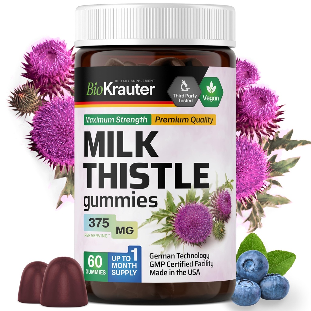 BIO KRAUTER Γάλα Γαϊδουράγκαθο Ήπαρ Detox Gummies - 1500 mg Δύναμη - 60 Chews - Silymarin Γάλα Thisle συμπλήρωμα - Vegan Gelatine-Free Formula