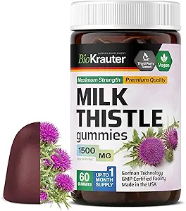 BIO KRAUTER Γάλα Γαϊδουράγκαθο Ήπαρ Detox Gummies - 1500 mg Δύναμη - 60 Chews - Silymarin Γάλα Thisle συμπλήρωμα - Vegan Gelatine-Free Formula