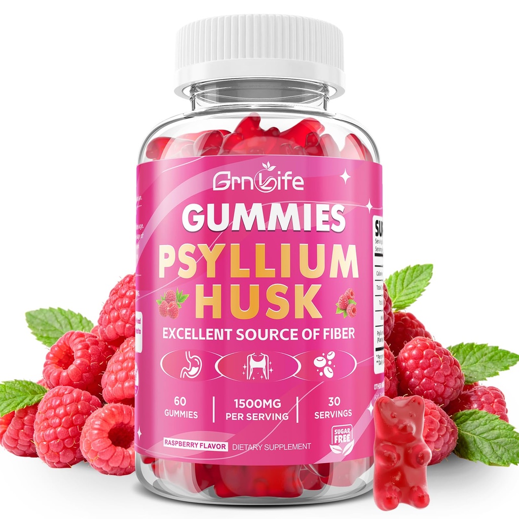 Psyllium Gummies, 1500mg Psyllium Husk Supplement for Gut & Digestive Health, Regularity, Vegan, Sugar Free, Raspberry Flavor, 60 Count