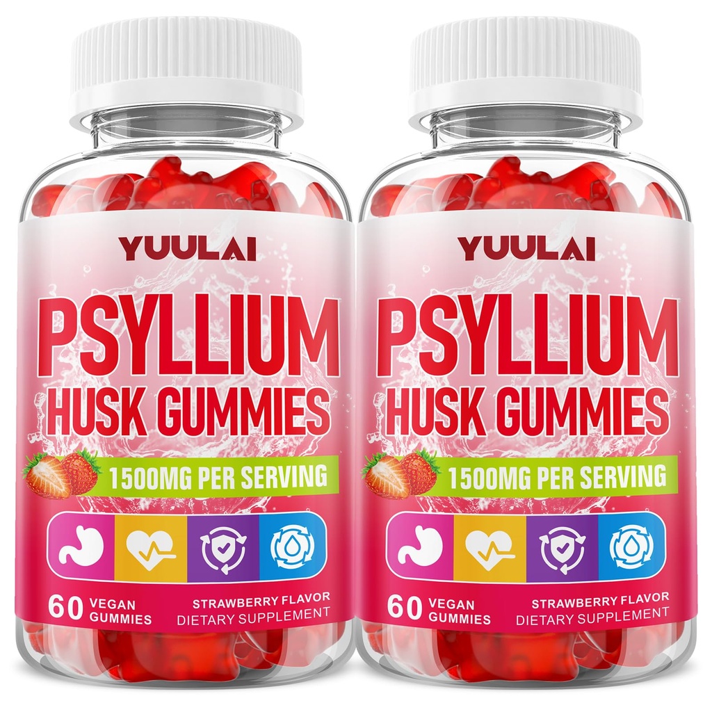 Pack of 2 Psyllium Husk Gummies, Psyllium Husk Fiber Supplement, Vegan, Sugar Free, 120 Count