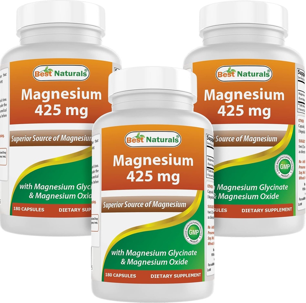 Best Naturals Μαγνήσιο 425 mg 180 Κάψουλες Veggie - Υψηλή Απορρόφηση Μαγνήσιο Γλυκινικό & Οξείδιο Μαγνήσιο Χηλικό, Μη ΓΤΟ, Χωρίς γλουτένη Μυική Χαλαρώστε (180 Count (Pack of 3))