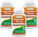Best Naturals Μαγνήσιο 425 mg 180 Κάψουλες Veggie - Υψηλή Απορρόφηση Μαγνήσιο Γλυκινικό & Οξείδιο Μαγνήσιο Χηλικό, Μη ΓΤΟ, Χωρίς γλουτένη Μυική Χαλαρώστε (180 Count (Pack of 3))