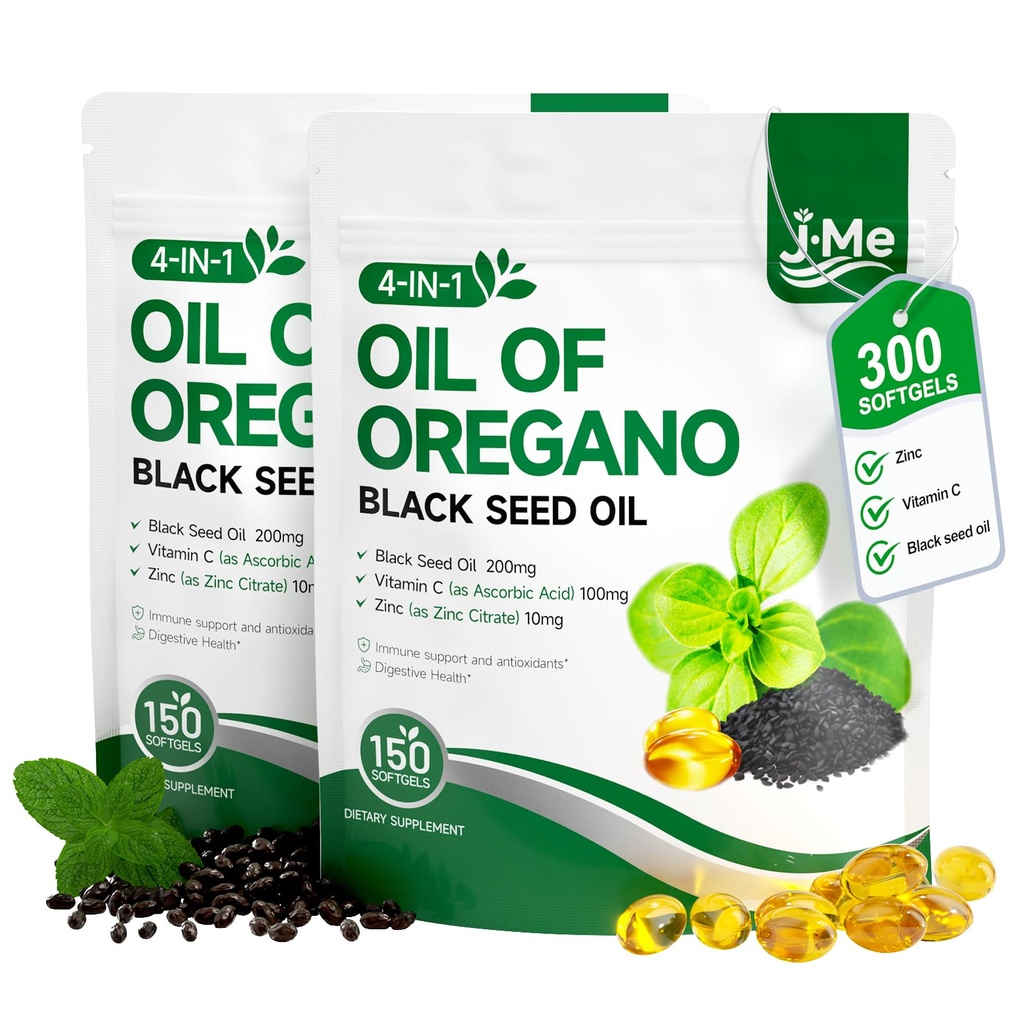 JME Oil of Oregano with Black Seed Oil, 4 in 1 Organic Oregano Oil Capsules for Immune & Digestive Support | 5X Carvacrol & Thymoquinone + Vitamin C & Zinc | 300 Softgels, Non-GMO