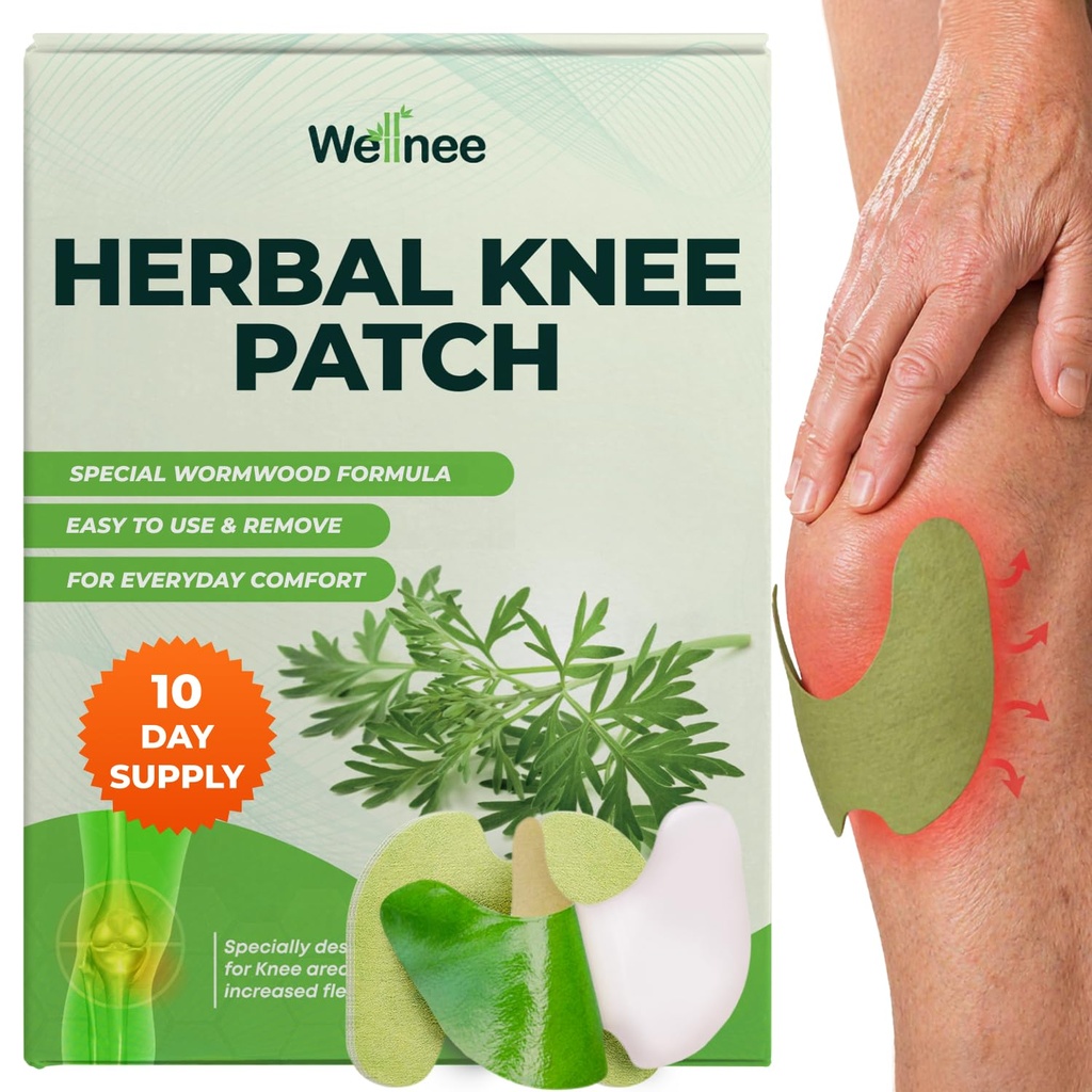 Wellnee Original Herbal Knee Patch - Wellknee Plaster for Knee Support & Muscle Pain - Maximum Strength for a Προσωρινή Ανακούφιση - Αυτοκόλλητα Επιθέματα Θερμότητας Made with Natural Herbs for Wellness (10 Pads)