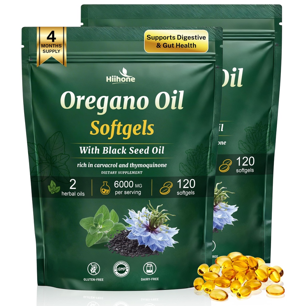 Oil of Oregano Softgels - Oil of Oregano with Black Seed Oil, Formulated with Carvacrol 165mg & Thymoquinone, 240 Softgels (2 Packs) - 120 Days Supply