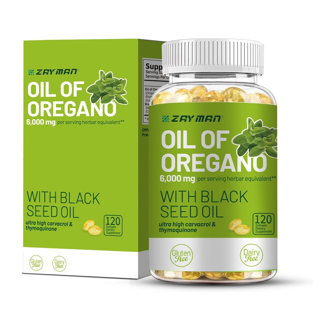 ZAYMAN Oil of Oregano Softgels 6000mg with Black Seed Oil 200mg | Non-GMO Plant-Based Carvacrol & Thymoquinone | 120 Softgels