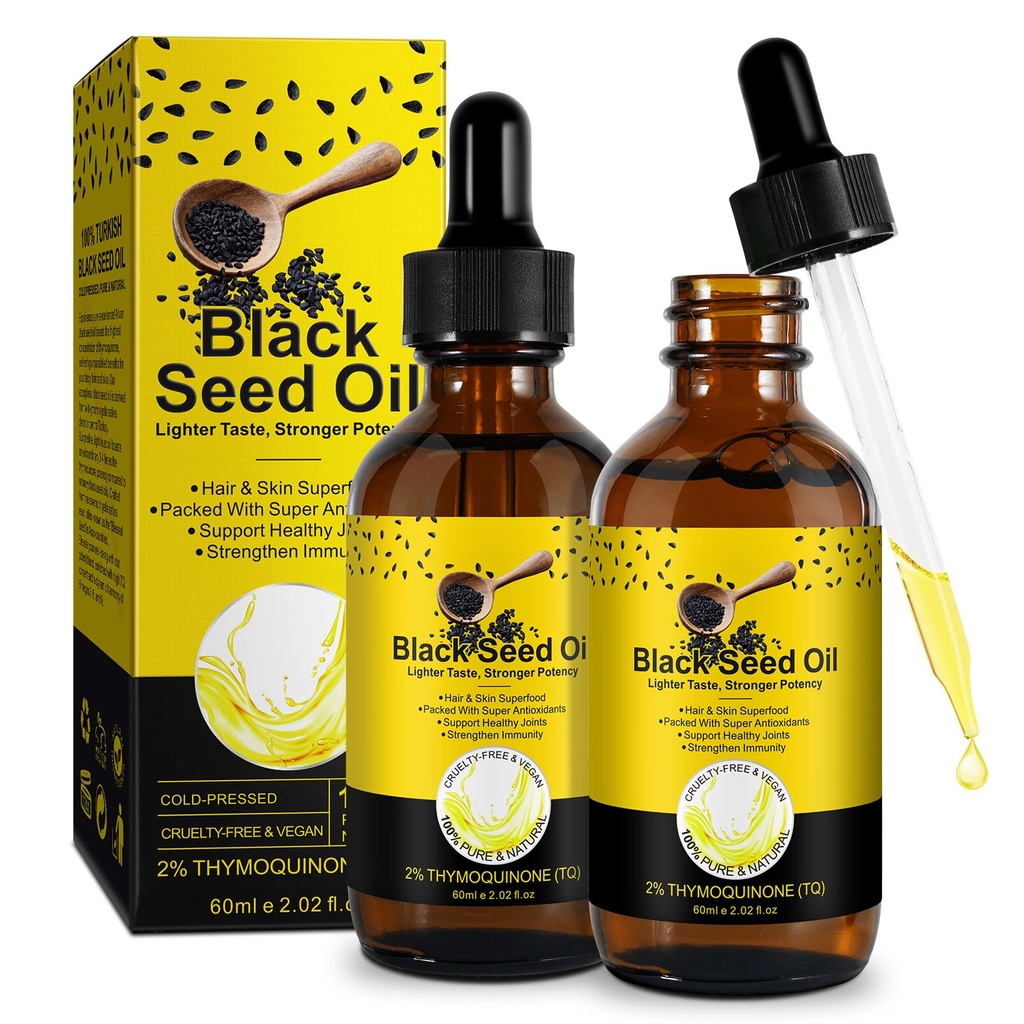 Organic Black Seed Oil - 100% Pure Unrefined, Natural Cold Pressed Black Seed Oil with 2% TQ and a Dynamic Harmony of Omegas 3, 6, 9 Antioxidant, Immune Boost, Joints, Skin & Hair 2.02 Fl Oz (2 Pack)