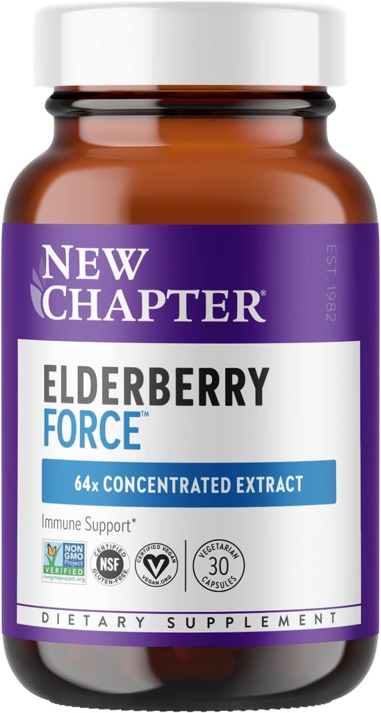 Νέο Κεφάλαιο Κάψουλες Vegan Elderberry με 64x συμπυκνωμένο μαύρο elderberry + μαύρο φραγκοστάφυλο για ολοκληρωμένη ανοσοποιητική υποστήριξη, Μη ΓΤΟ έργο Επαληθευμένο, Χωρίς γλουτένη, Πιστοποιημένο Vegan, 30 Count