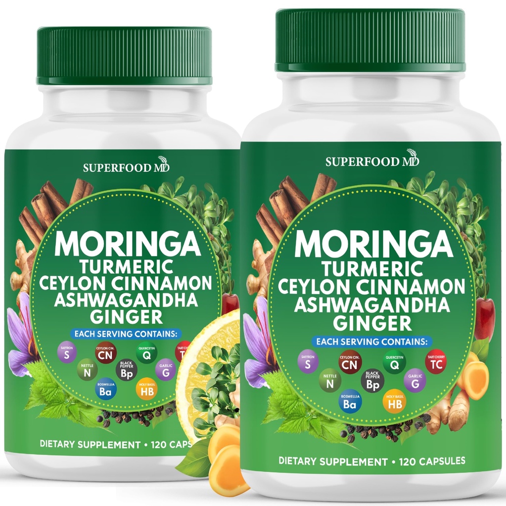 Moringa Supplement | Turmeric, Ginger, Boswellia, Saffron, Holy Basil, Nettle -Support Supplement for Women and Men with Ceylon Cinnamon, Quercetin, Tart Cherry- 240 Capsules