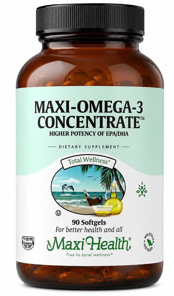 Maxi Health Omega 3 συμπλήρωμα - Omega-3 Fish Oil συμπύκνωμα - ανώτερη πηγή ισχύος των λιπαρών οξέων EPA/DHA - καρδιά, εγκέφαλος & κοινή υγεία - Kosher Certified Wild Caught Fish - 90 χορτοφαγικά Softgels