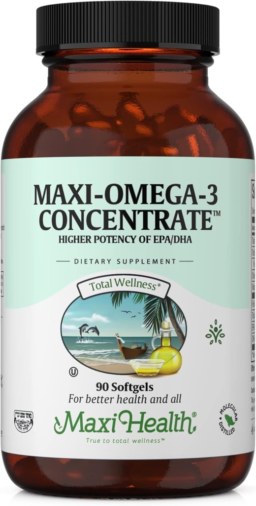 Maxi Health Omega 3 συμπλήρωμα - Omega-3 Fish Oil συμπύκνωμα - ανώτερη πηγή ισχύος των λιπαρών οξέων EPA/DHA - καρδιά, εγκέφαλος & κοινή υγεία - Kosher Certified Wild Caught Fish - 90 χορτοφαγικά Softgels