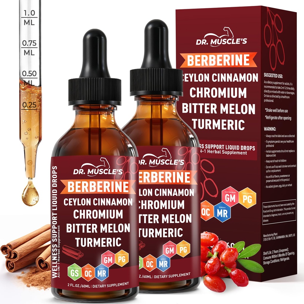 2PCS Berberine Drops with Ceylon Cinnamon Liquid Supplement - Chromium, Bitter Melon, Turmeric, Glucomannan & Moringa - Metabolism, Digestive & Immune Health Support for Adults, 4 FL OZ