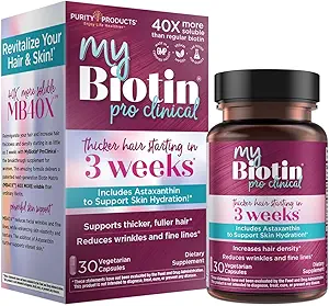 Προϊόντα καθαρότητας MyBiotin ProClinical – Thicker Hair Ξεκινώντας σε 3 εβδομάδες & Καταπολέμηση ρυτίδες - MB40X Πατενταρισμένο Biotin Vitamin B7 Matrix w/Astaxanthin - 40X More Soluble vs Συνηθισμένη Βιοτίνη, 30 κάψουλες Veg