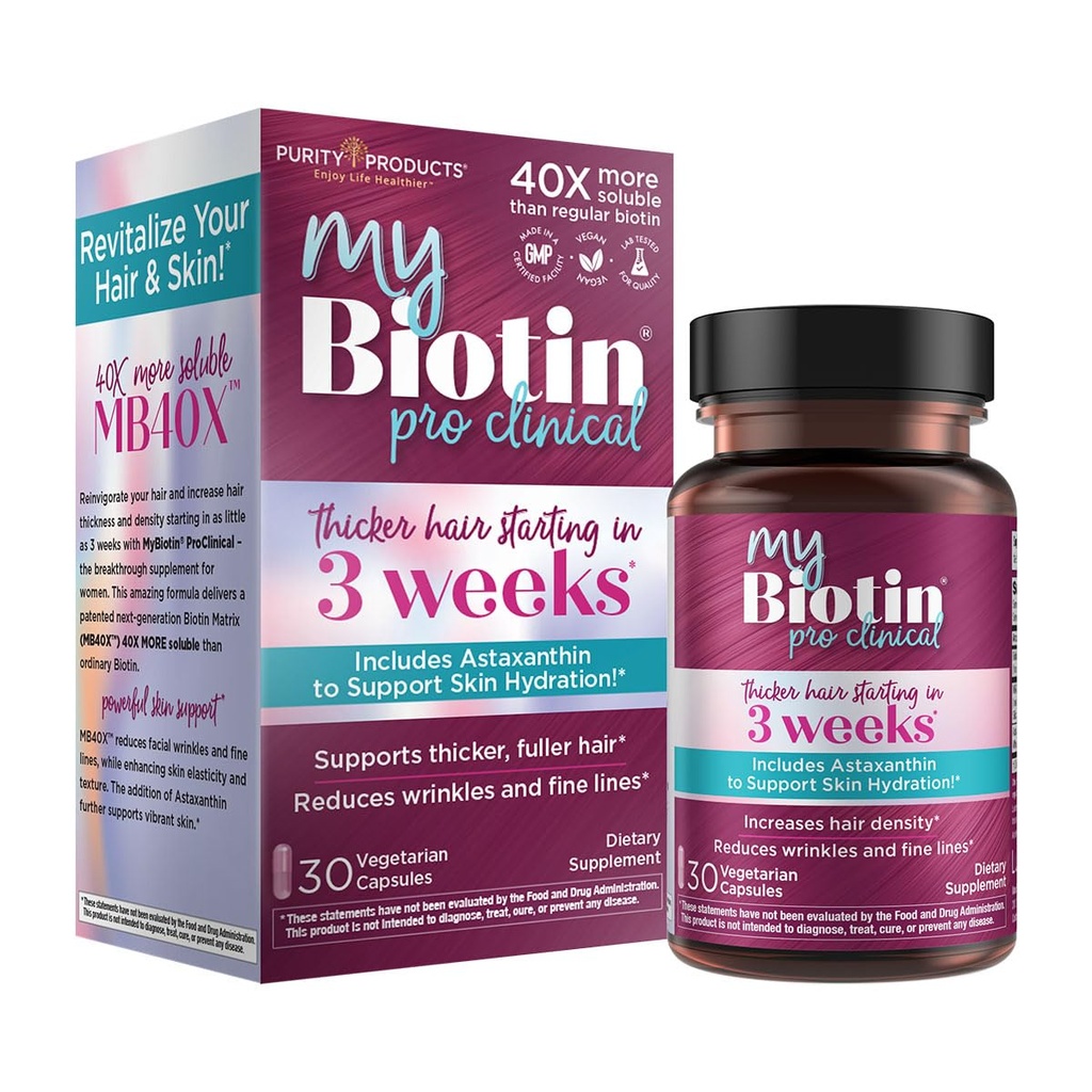 Purity Products MyBiotin ProClinical – Thicker Hair Starting in 3 Weeks & Fights Wrinkles - MB40X Patented Biotin Vitamin B7 Matrix w/Astaxanthin - 40X More Soluble vs Ordinary Biotin, 30 Veg Capsules